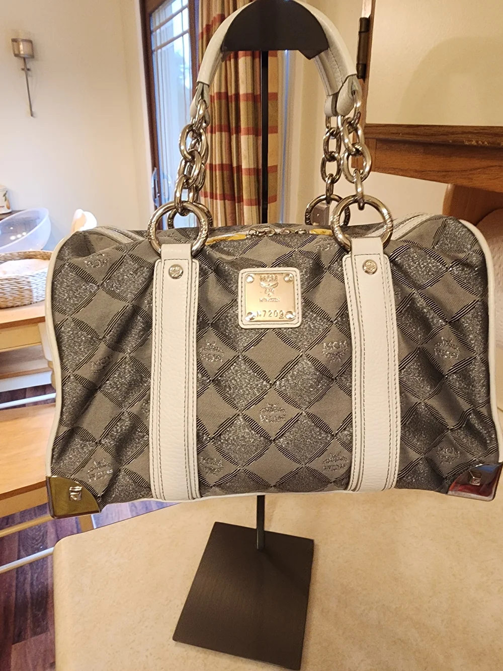 vintage MCM Lioness Diamond Jacquard Boston Satchel Bag.